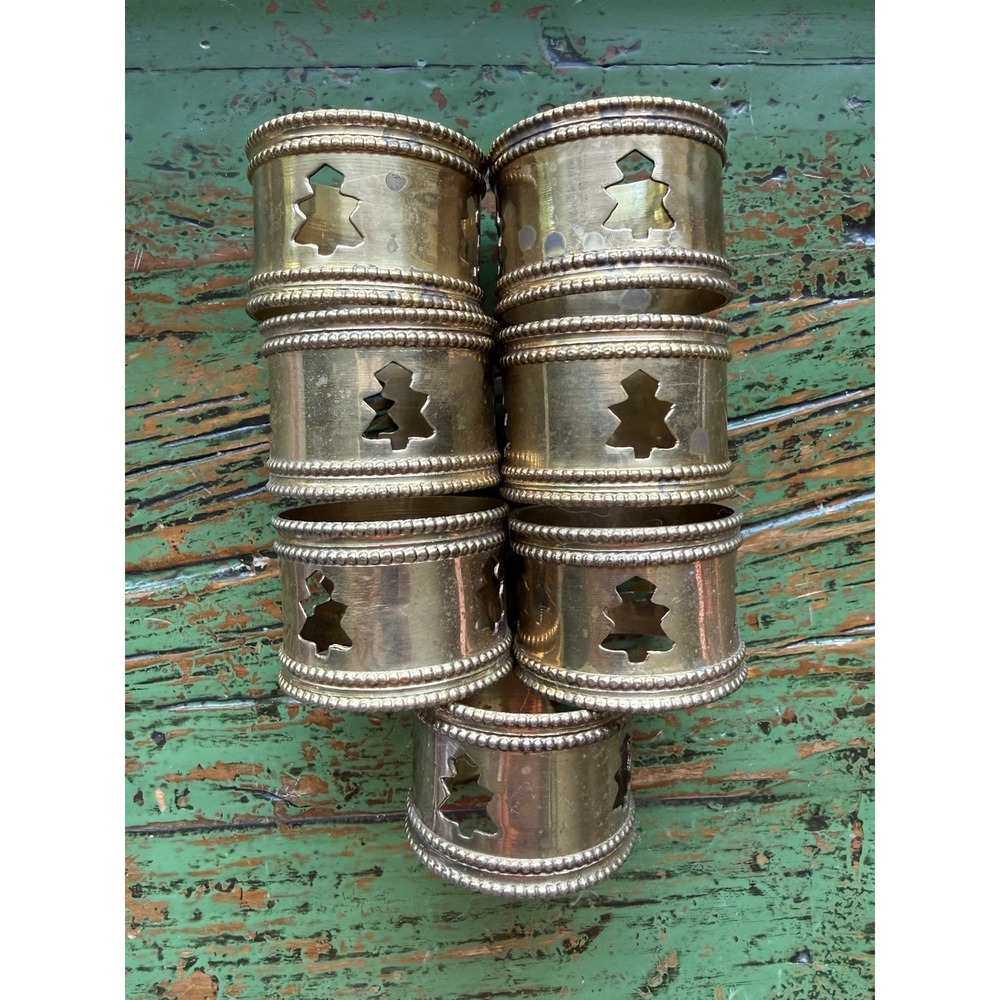Vintage Brass Christmas Tree Cut Out Napkin Rings Holder Set of 7 Christmas
